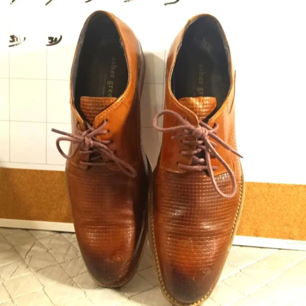 Asher Green Mens Textured Brown Genuine Leather Oxford Tie Up Shoes Sz 8